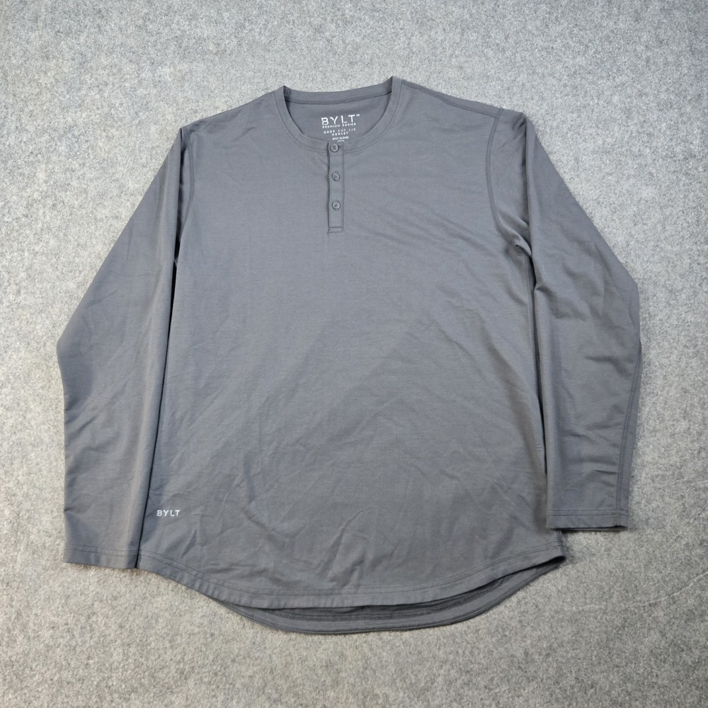 BYLT Henley Shirt Mens Large Gray Drop Cut Long Sleeve Athletic Stretch Button